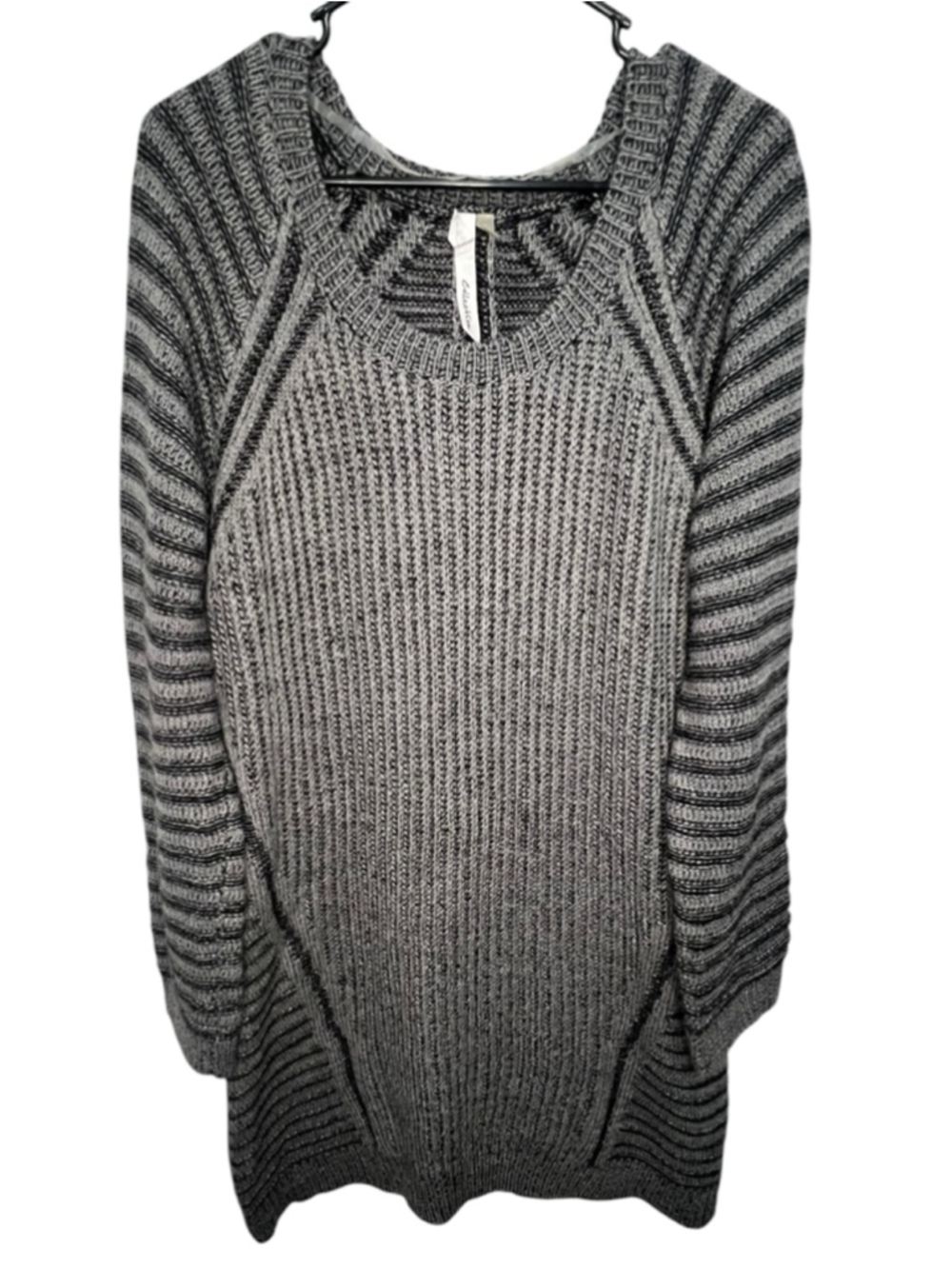 NY Collection Grey Striped Knit Mini Long Sleeve Sweater Dress